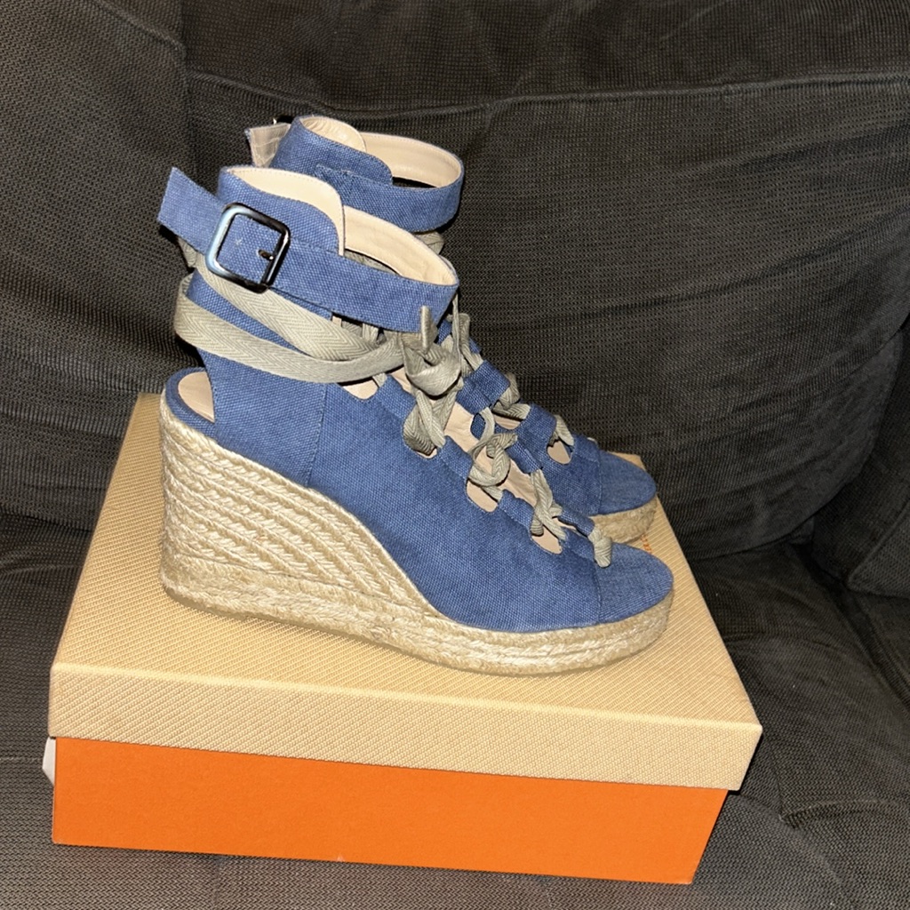 Castaer Deborah Chambray Lace-Up Espadrille Wedge Sz 40 Nib Made In Spain $415